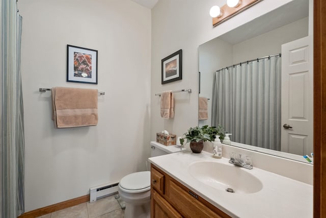 bathroom with baseboard heating, tile patterned floors, toilet, and vanity