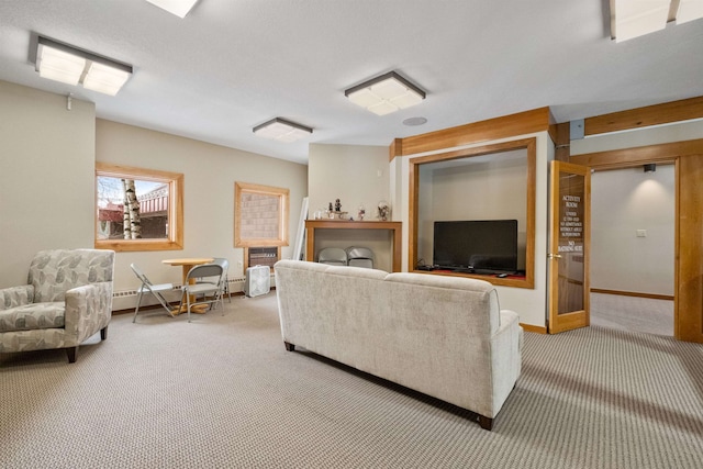 living room with a baseboard radiator and carpet flooring