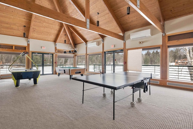 game room featuring beam ceiling, an AC wall unit, and high vaulted ceiling