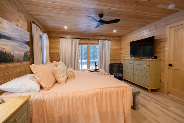 bedroom featuring ceiling fan, access to exterior, light wood-type flooring, wooden ceiling, and wood walls