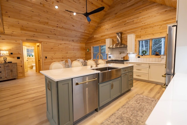 kitchen with wall chimney exhaust hood, white cabinetry, wooden ceiling, an island with sink, and stainless steel appliances