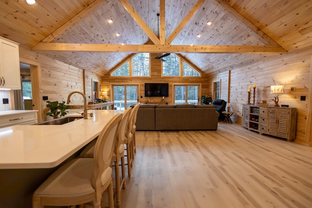 dining room featuring beamed ceiling, wooden ceiling, and wooden walls