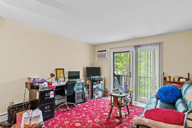 office featuring baseboard heating, a wall mounted air conditioner, and carpet floors