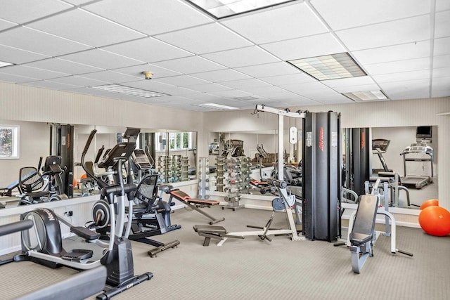 gym with a drop ceiling, carpet floors, and a wealth of natural light