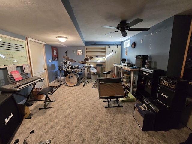 interior space featuring carpet floors and a textured ceiling