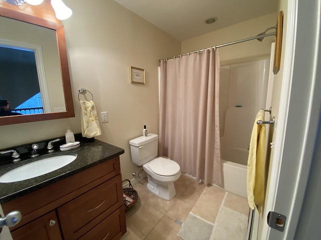 full bathroom with shower / bath combination with curtain, vanity, toilet, and tile patterned flooring