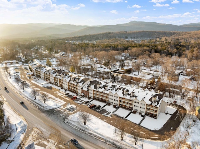 snowy aerial view featuring a mountain view