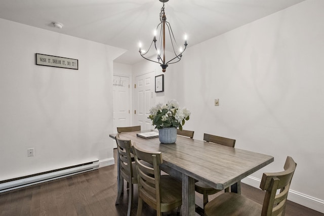 dining room with baseboard heating and dark hardwood / wood-style flooring