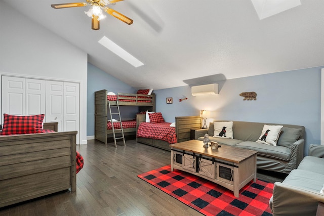 living room with ceiling fan, a skylight, high vaulted ceiling, dark hardwood / wood-style floors, and an AC wall unit