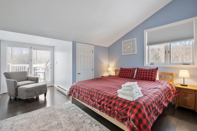 bedroom with vaulted ceiling, a baseboard heating unit, access to outside, and dark hardwood / wood-style flooring