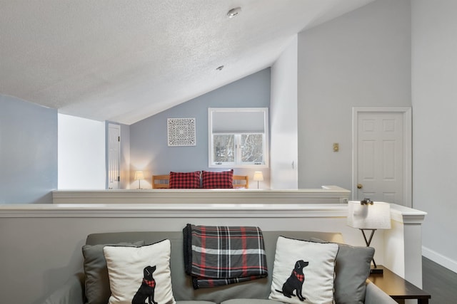 living area with vaulted ceiling, dark hardwood / wood-style floors, and a textured ceiling