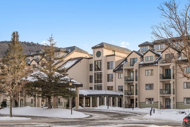 view of snow covered building