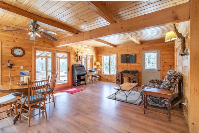 interior space with wood ceiling, beam ceiling, wood walls, wood-type flooring, and a wood stove