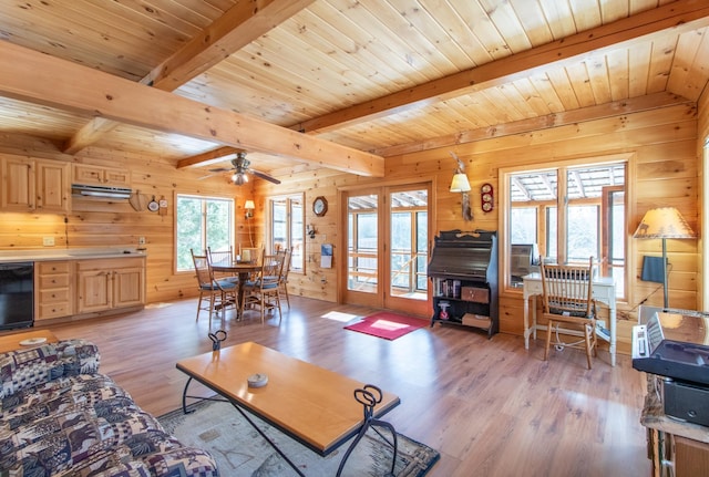 living room with light hardwood / wood-style flooring, wooden ceiling, beam ceiling, and wood walls