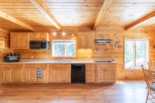 kitchen featuring light brown cabinetry, wooden walls, beam ceiling, light hardwood / wood-style floors, and black appliances