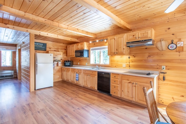 kitchen featuring wood walls, wooden ceiling, light wood-type flooring, beamed ceiling, and black appliances