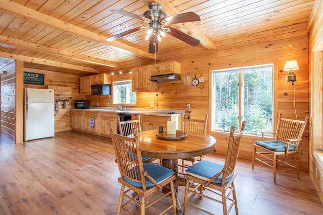 dining space with light hardwood / wood-style flooring, wooden ceiling, wooden walls, and beamed ceiling