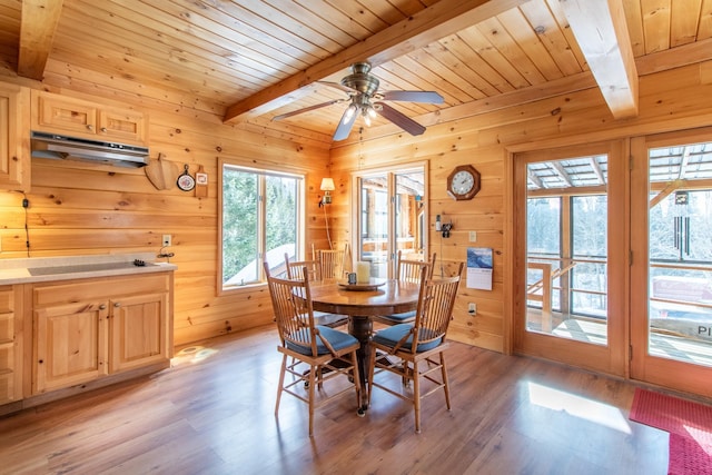 dining space featuring beamed ceiling, wood walls, light hardwood / wood-style flooring, and wooden ceiling