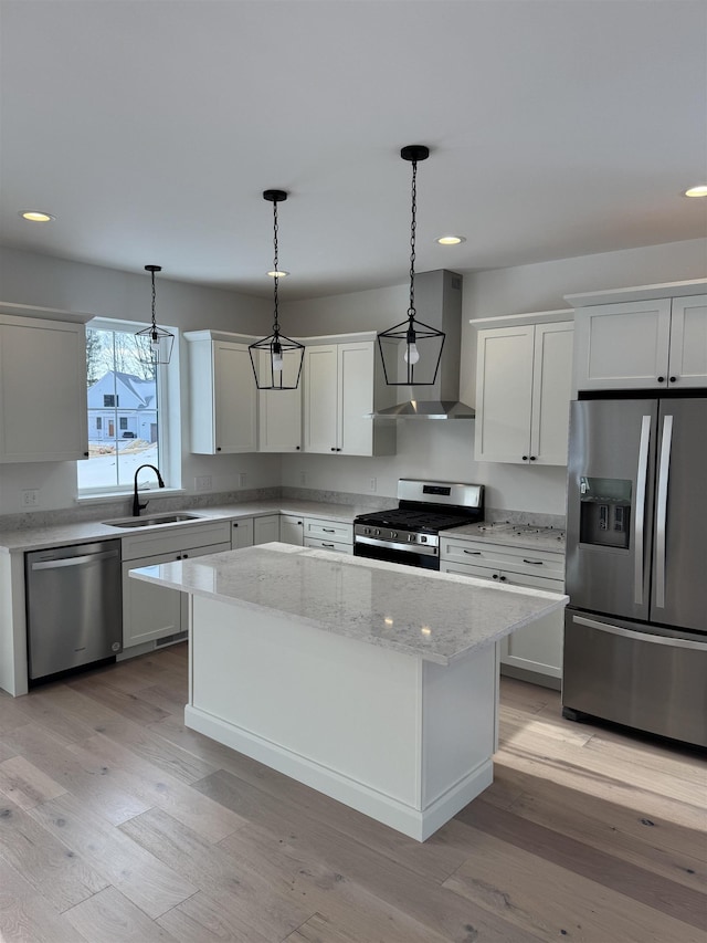 kitchen with stainless steel appliances, a center island, pendant lighting, and white cabinets