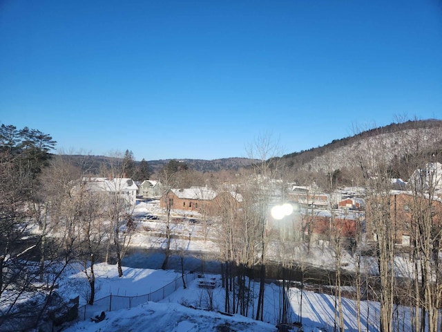 snowy yard featuring a mountain view