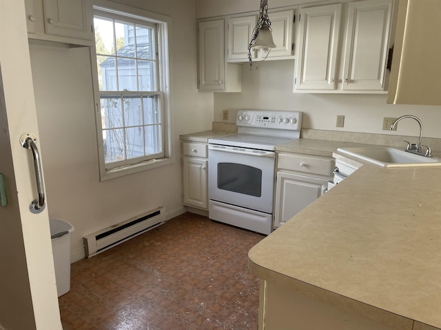 kitchen with white electric range, sink, white cabinets, hanging light fixtures, and baseboard heating