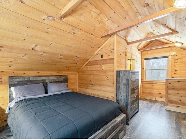 bedroom with wooden walls, wooden ceiling, lofted ceiling with beams, and wood-type flooring