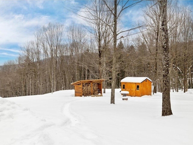 snowy yard with an outdoor structure