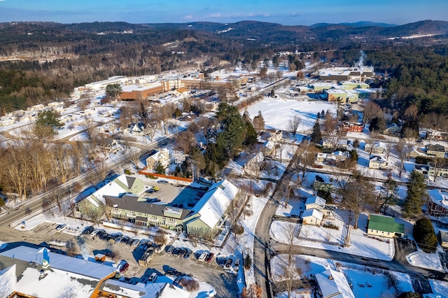 snowy aerial view featuring a mountain view