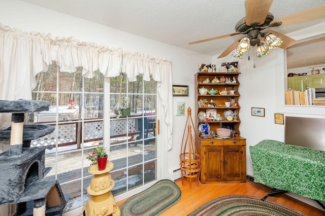 interior space with hardwood / wood-style flooring, plenty of natural light, a textured ceiling, and a baseboard heating unit