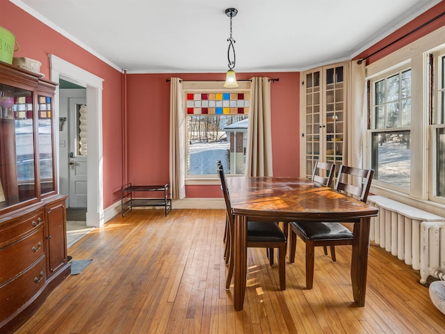 dining room with radiator heating unit, a wealth of natural light, light hardwood / wood-style floors, and ornamental molding