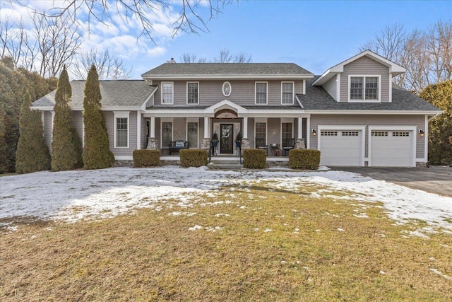 view of front of home with a garage, a yard, and covered porch