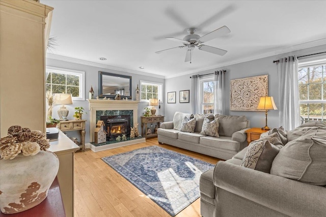 living room featuring crown molding, light hardwood / wood-style flooring, and ceiling fan