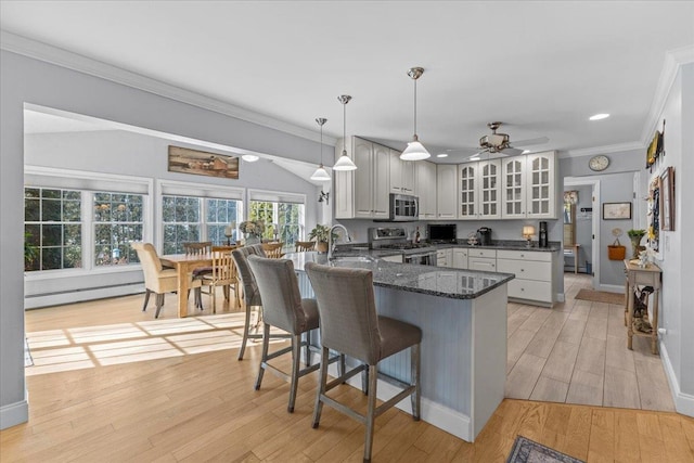 kitchen with light hardwood / wood-style flooring, appliances with stainless steel finishes, a baseboard heating unit, ornamental molding, and kitchen peninsula