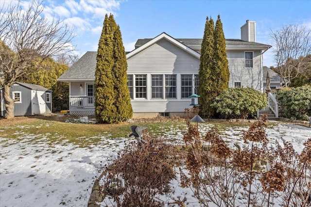 exterior space featuring a storage shed