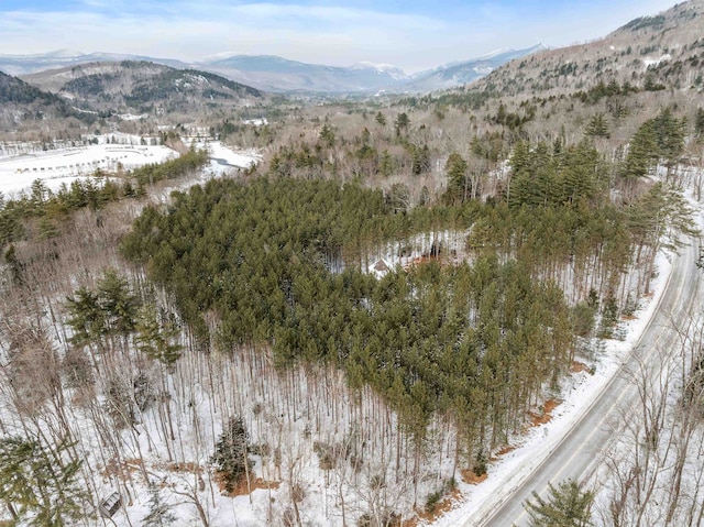 snowy aerial view with a mountain view