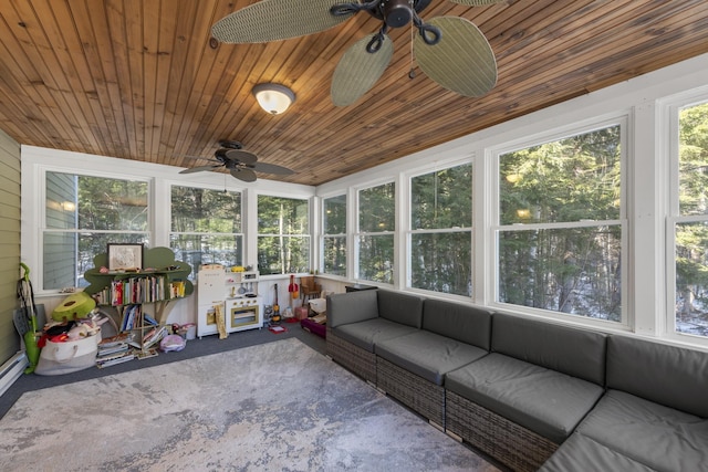 sunroom with wood ceiling and ceiling fan