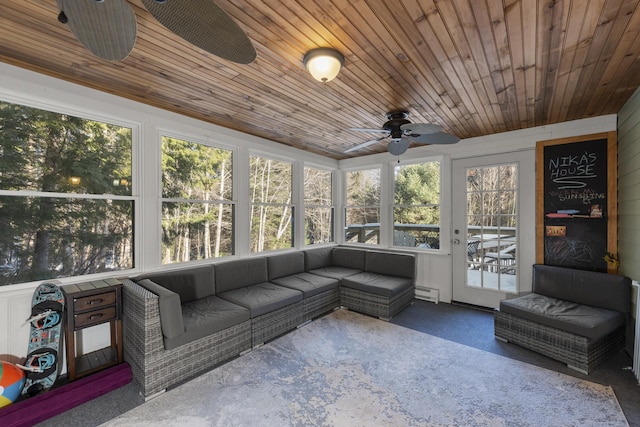 sunroom / solarium with ceiling fan, a baseboard heating unit, and wooden ceiling