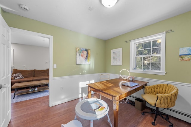 office area featuring hardwood / wood-style flooring and a baseboard radiator