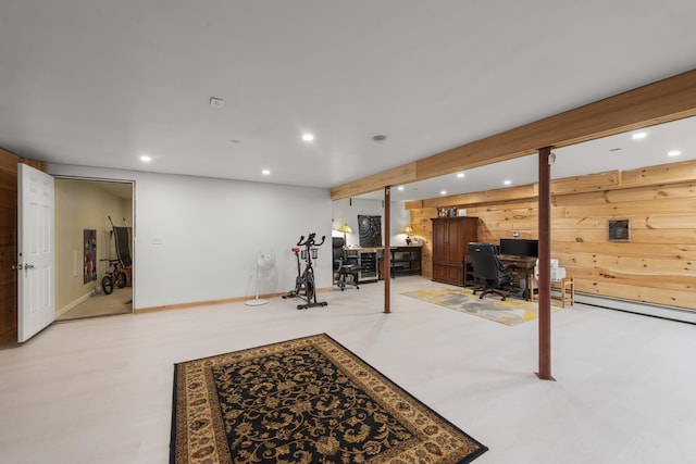 workout area with wooden walls