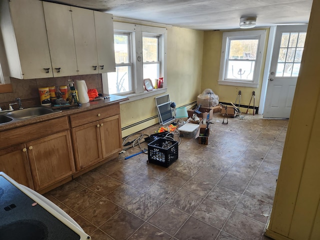 kitchen featuring tasteful backsplash, a baseboard radiator, sink, and stove