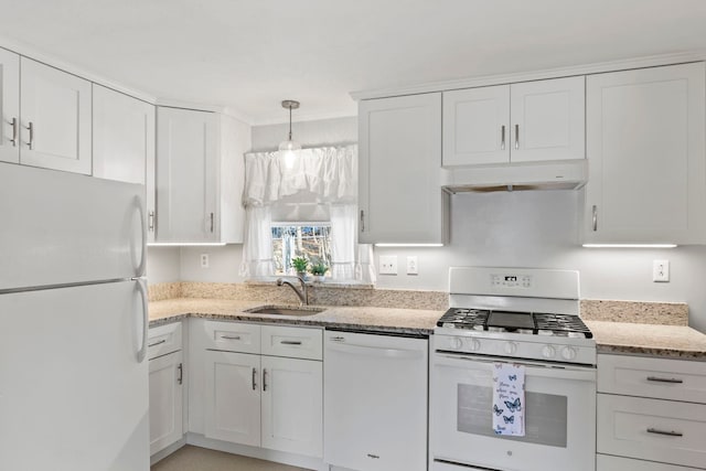 kitchen featuring pendant lighting, white appliances, sink, and white cabinets