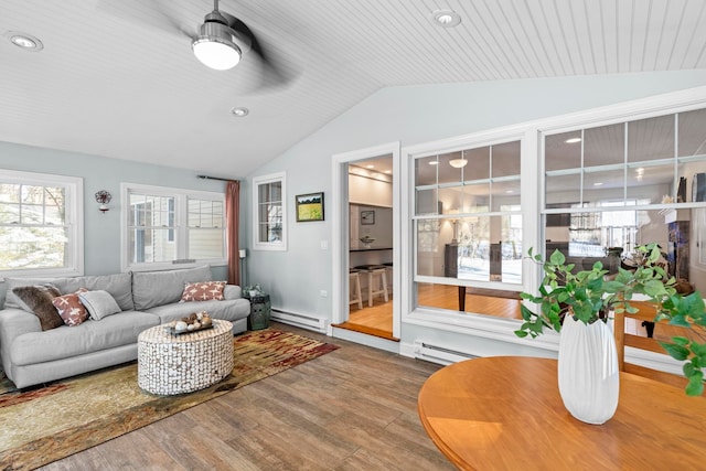 living room featuring hardwood / wood-style flooring, vaulted ceiling, wooden ceiling, and baseboard heating