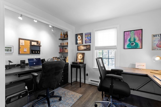 home office with dark wood-type flooring and a baseboard radiator