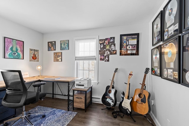 office featuring baseboard heating and dark hardwood / wood-style floors