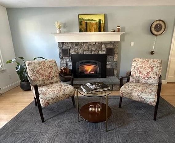 living area featuring hardwood / wood-style floors and a fireplace