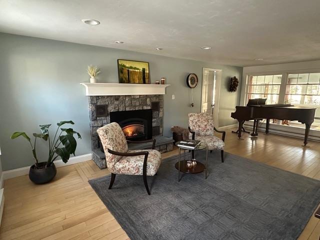 living room with hardwood / wood-style flooring and a stone fireplace