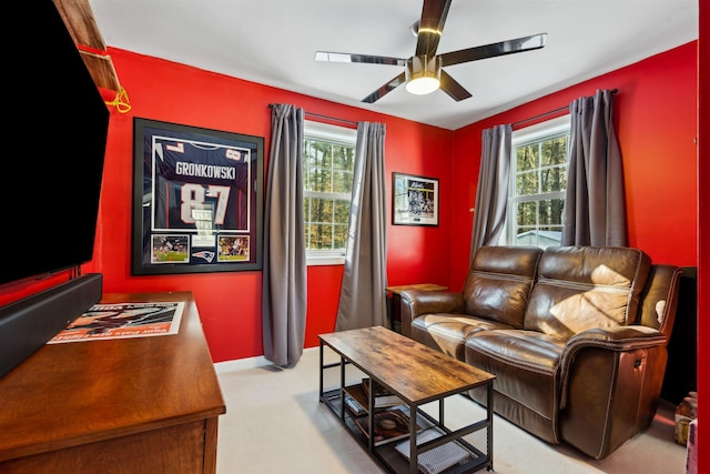 living room featuring ceiling fan