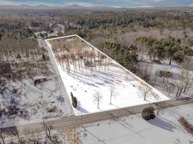 snowy aerial view with a mountain view