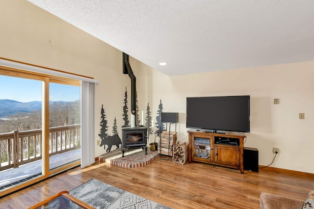 living room with wood-type flooring, a mountain view, a wood stove, and a textured ceiling