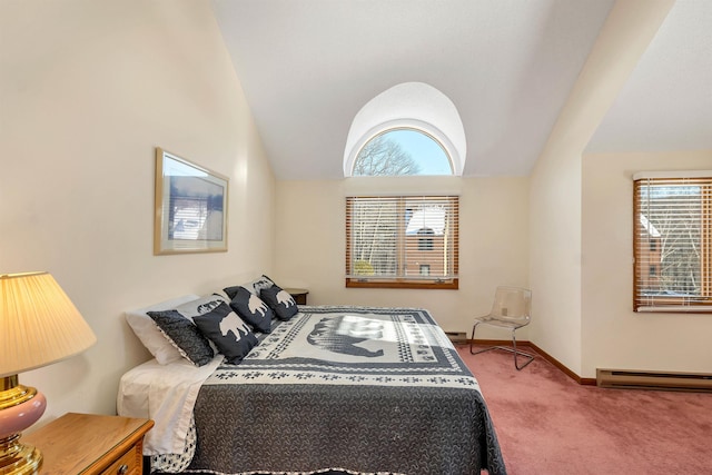 bedroom with high vaulted ceiling, carpet floors, and baseboard heating